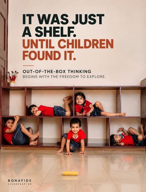 Six children curled up inside the cubbies of a wooden shelf